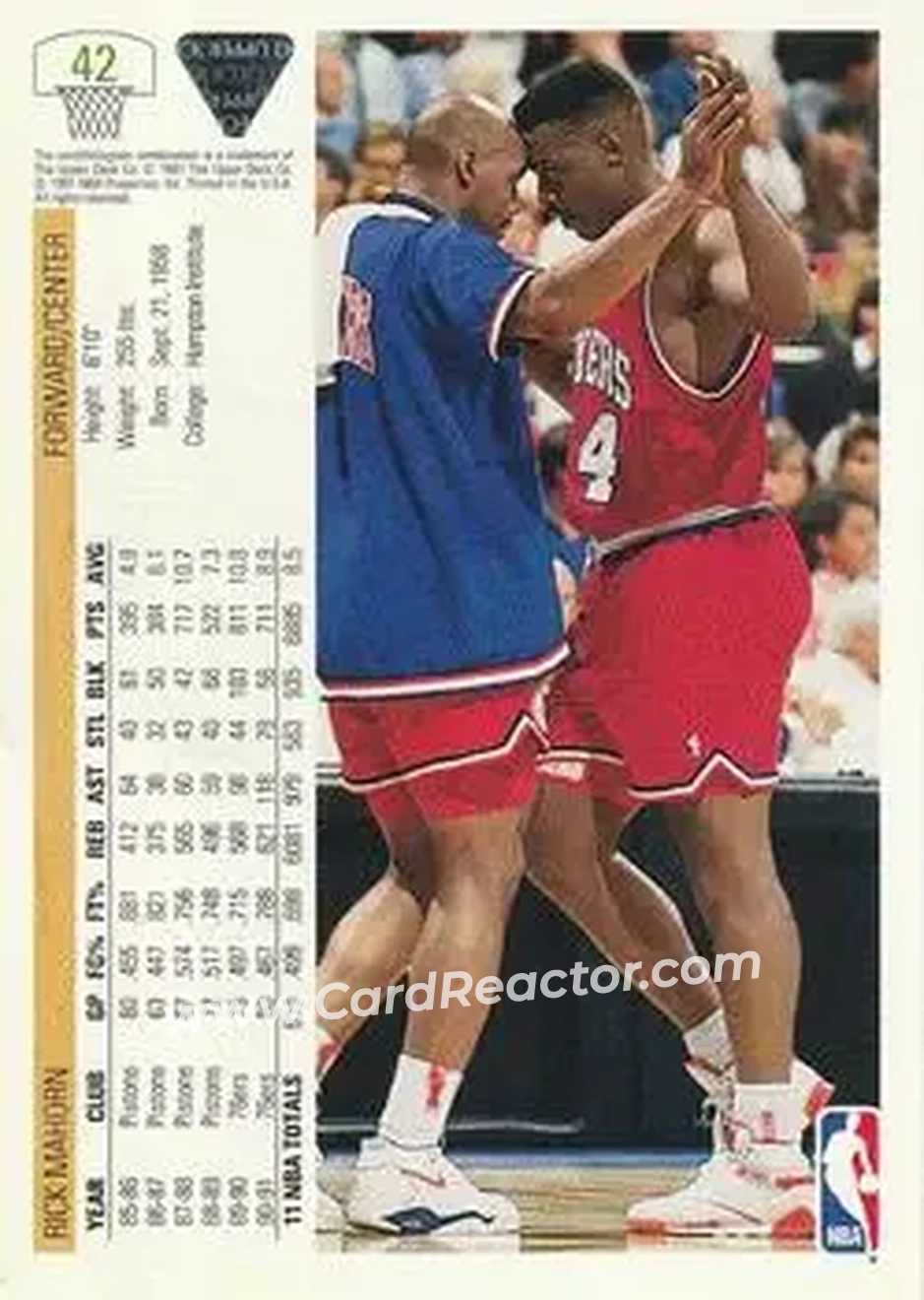 1991-92 Upper Deck #42 - Rick Mahorn - Philadelphia 76ers - Back 1991-92 Upper Deck #42 - Rick Mahorn - Philadelphia 76ers - Back