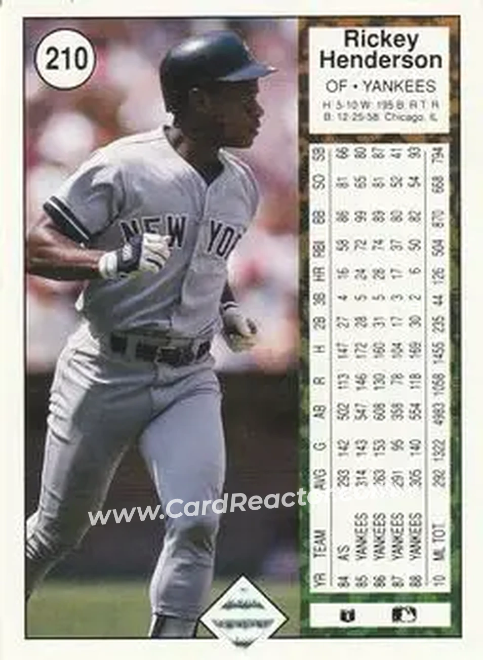 1989 Upper Deck #210 - Rickey Henderson - New York Yankees - Back 1989 Upper Deck #210 - Rickey Henderson - New York Yankees - Back