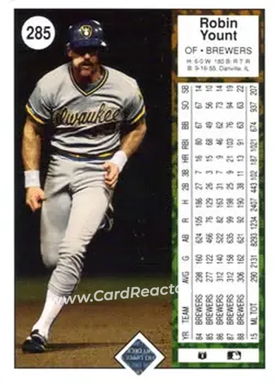 1989 Upper Deck #285 - Robin Yount - Milwaukee Brewers - Back