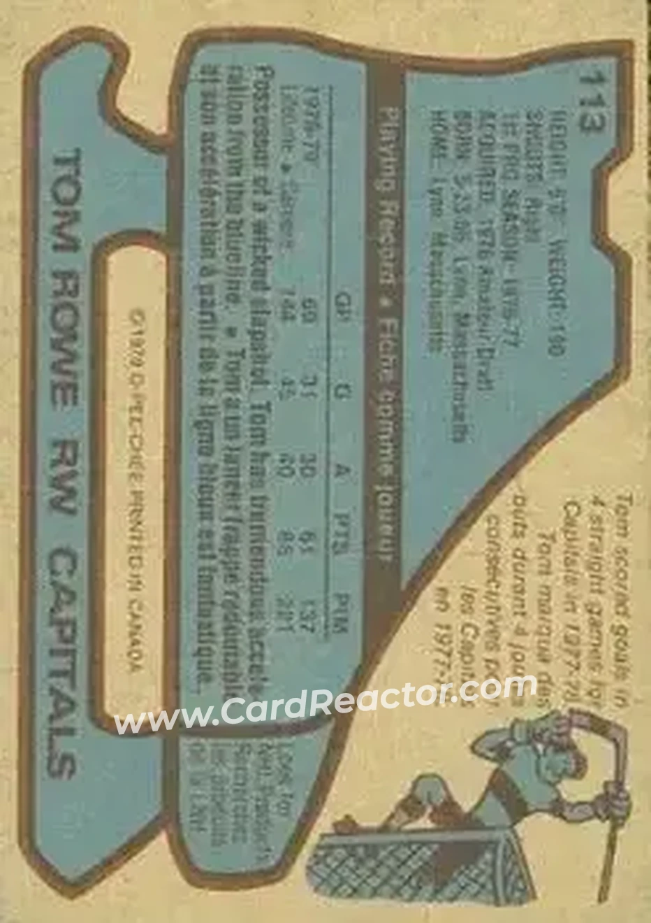 1979-80 O-Pee-Chee #113 - Tom Rowe - Washington Capitals - Back