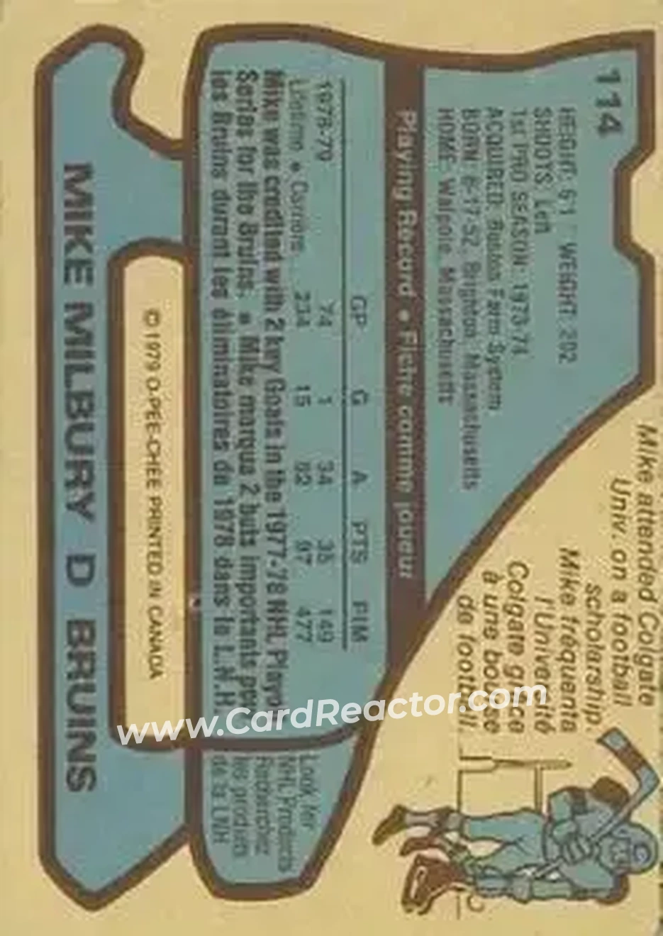1979-80 O-Pee-Chee #114 - Mike Milbury - Boston Bruins - Back 1979-80 O-Pee-Chee #114 - Mike Milbury - Boston Bruins - Back
