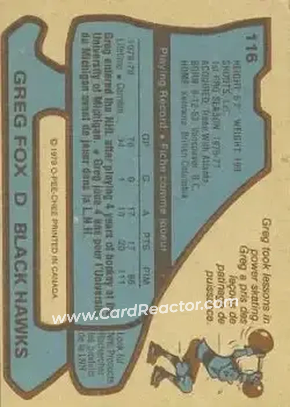 1979-80 O-Pee-Chee #116 - Greg Fox - Chicago Blackhawks - Back