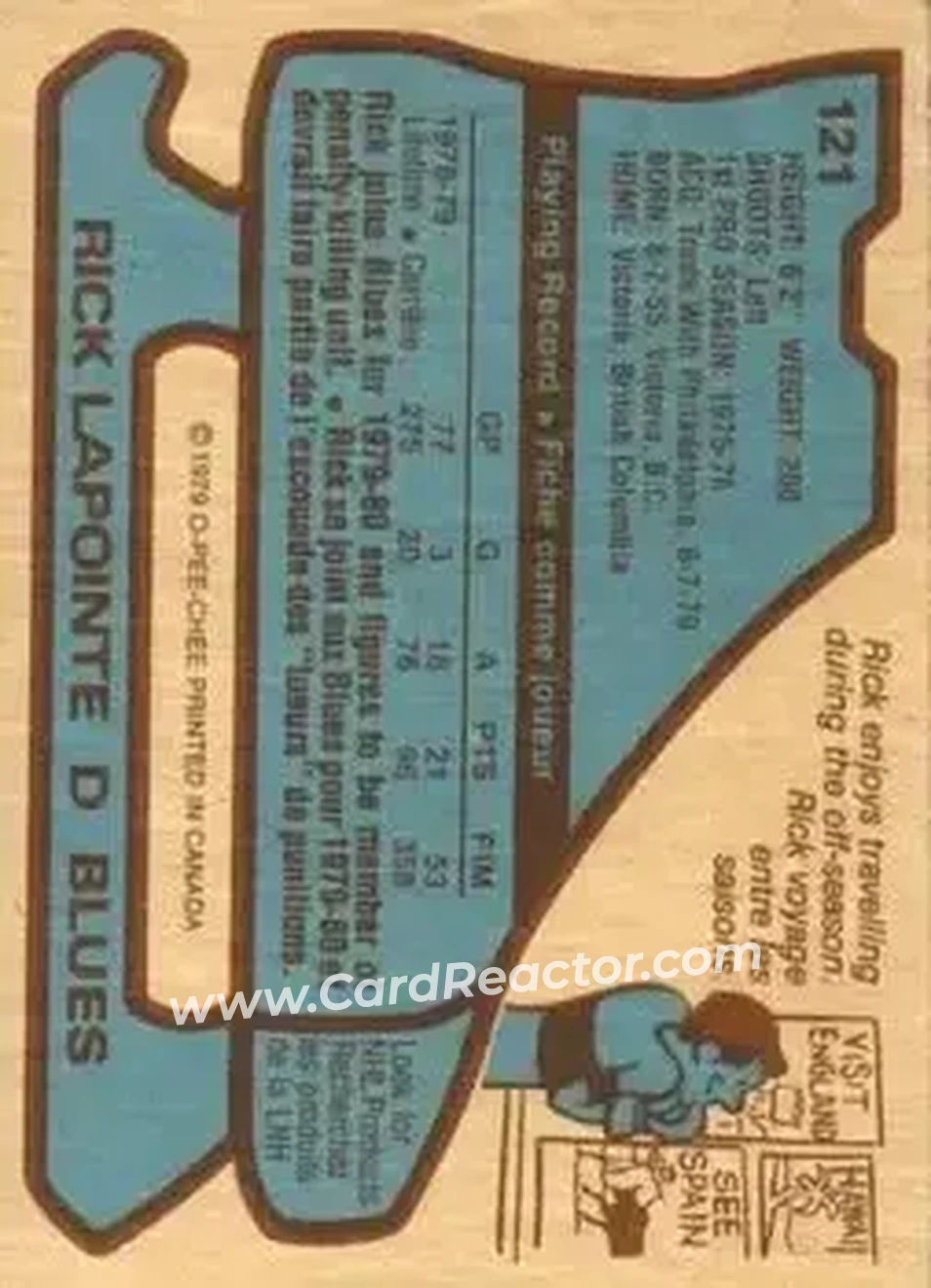 1979-80 O-Pee-Chee #121 - Rick Lapointe - St. Louis Blues - Back 1979-80 O-Pee-Chee #121 - Rick Lapointe - St. Louis Blues - Back
