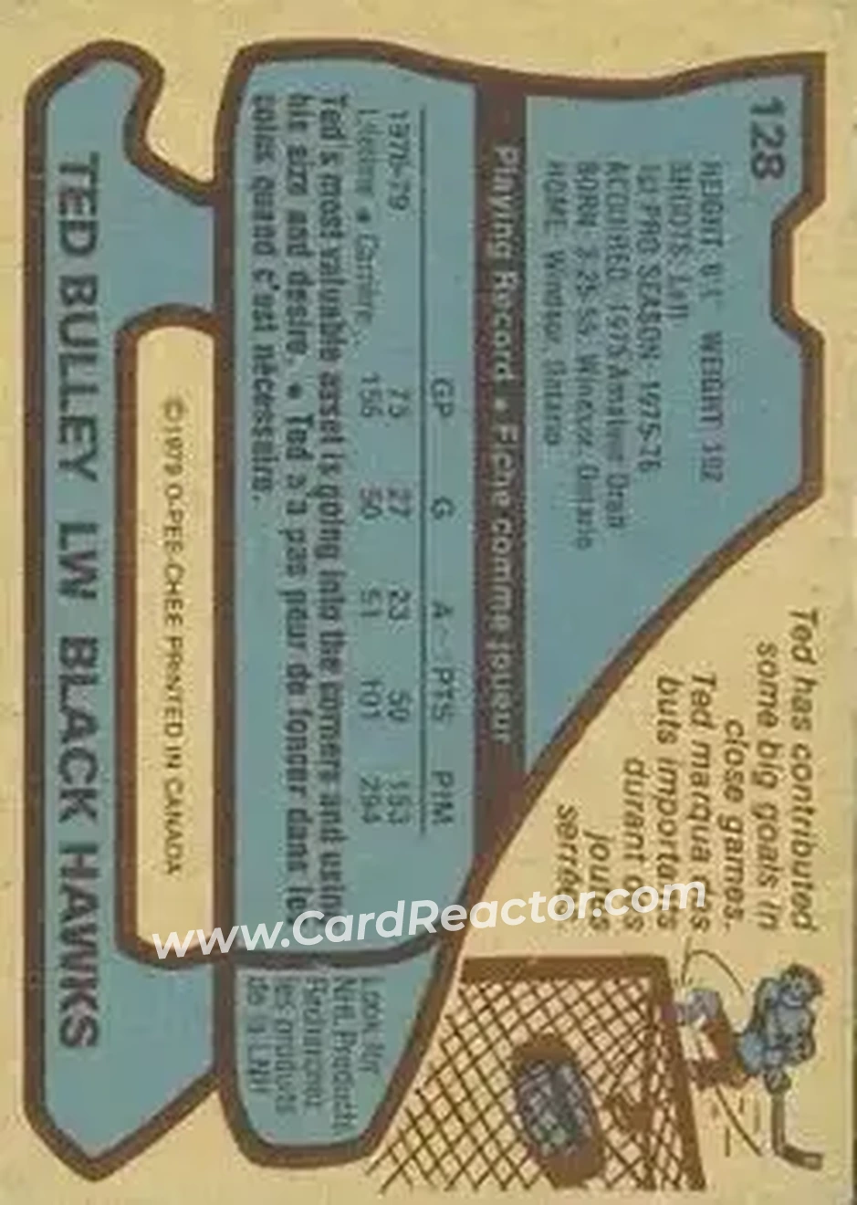 1979-80 O-Pee-Chee #128 - Ted Bulley - Chicago Blackhawks - Back