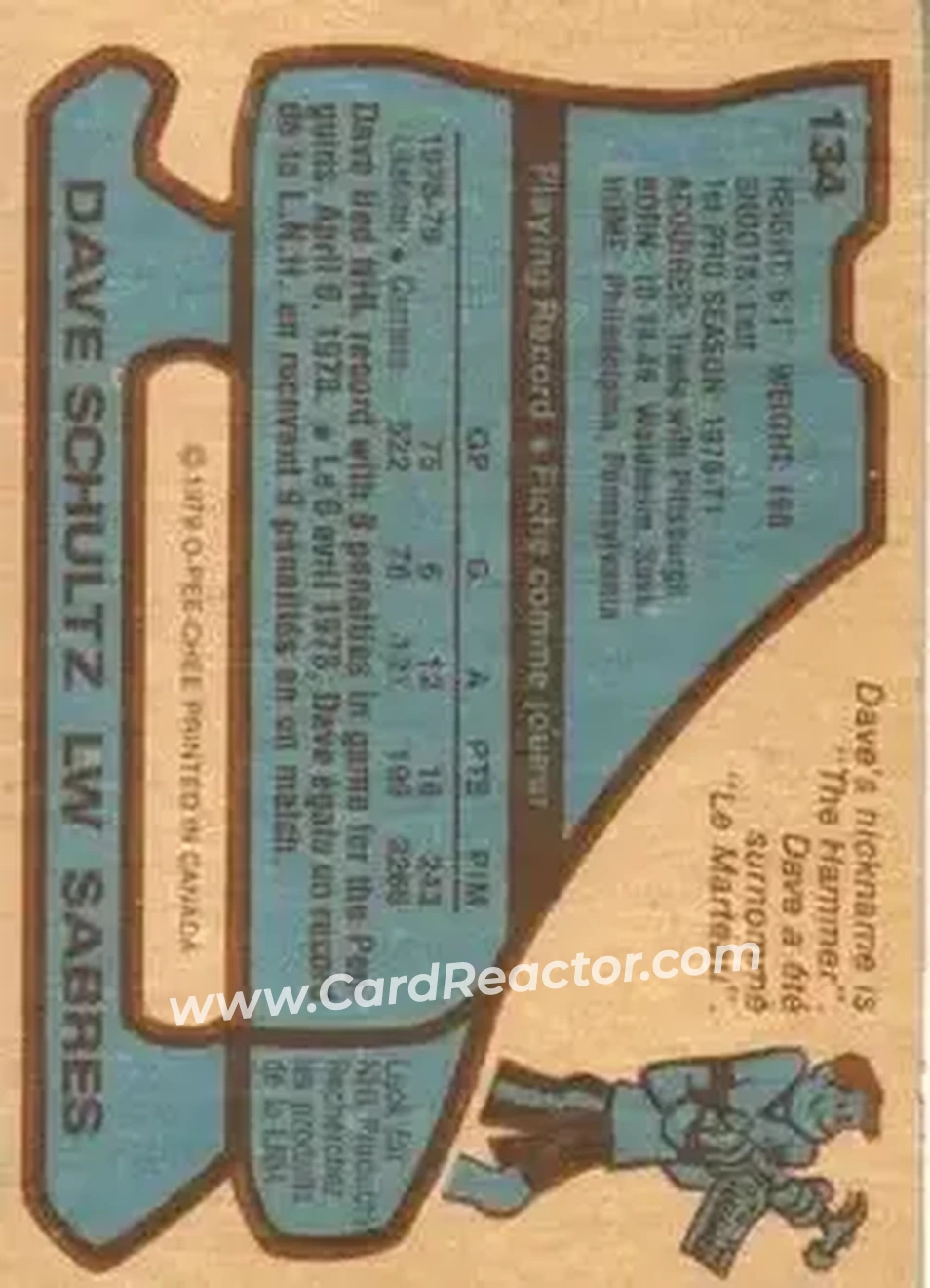 1979-80 O-Pee-Chee #134 - Dave Schultz - Buffalo Sabres - Back 1979-80 O-Pee-Chee #134 - Dave Schultz - Buffalo Sabres - Back