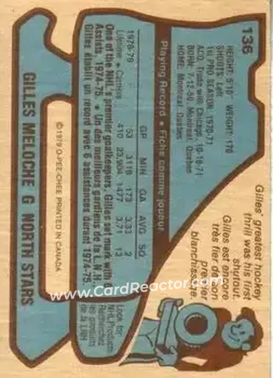 1979-80 O-Pee-Chee #136 - Gilles Meloche - Minnesota North Stars - Back