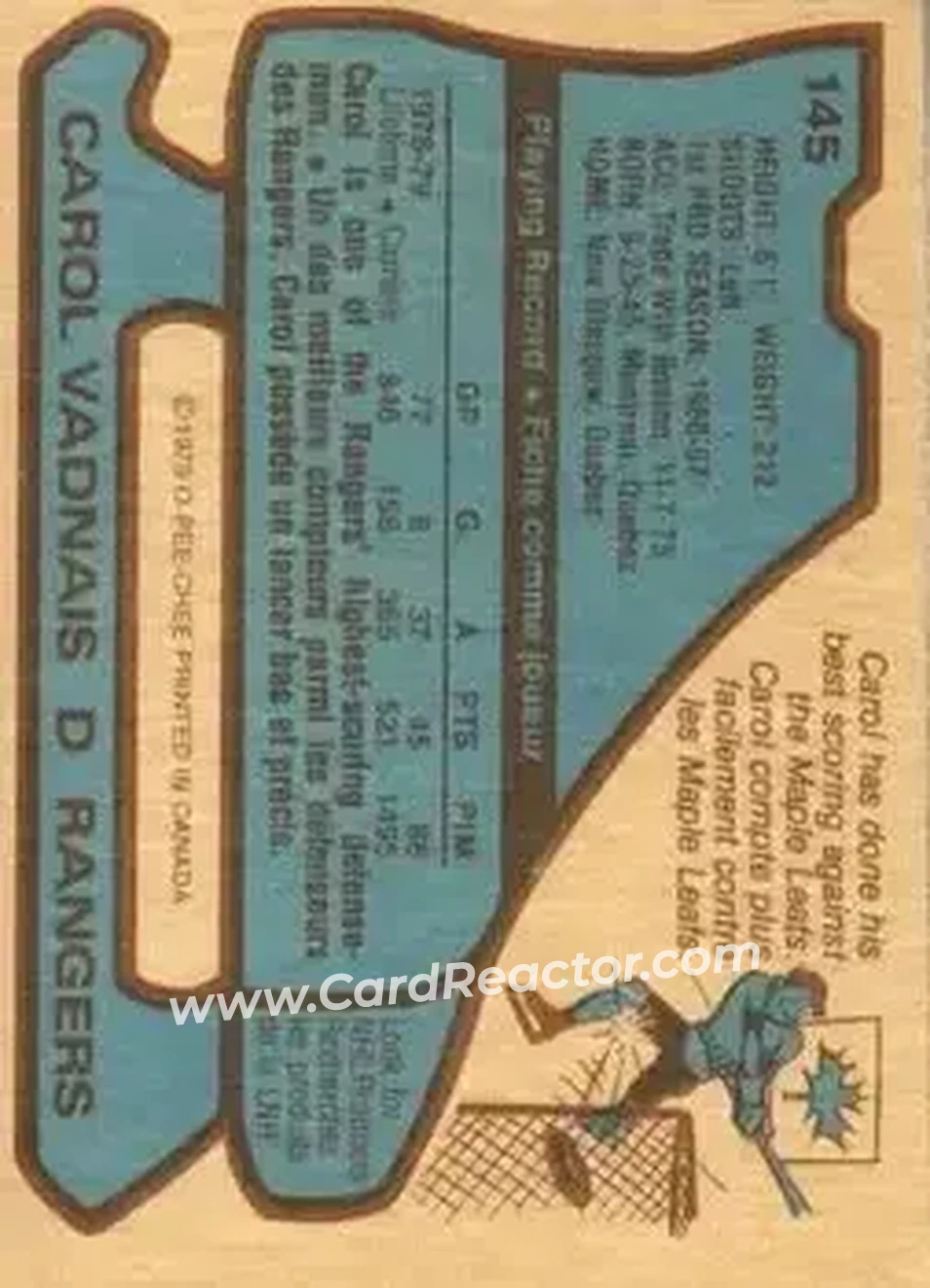 1979-80 O-Pee-Chee #145 - Carol Vadnais - New York Rangers - Back