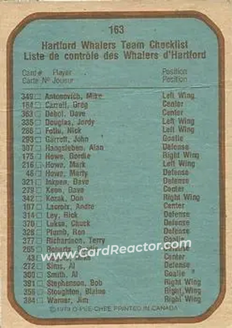 1979-80 O-Pee-Chee #163 - Card #163 - Hartford Whalers - Back
