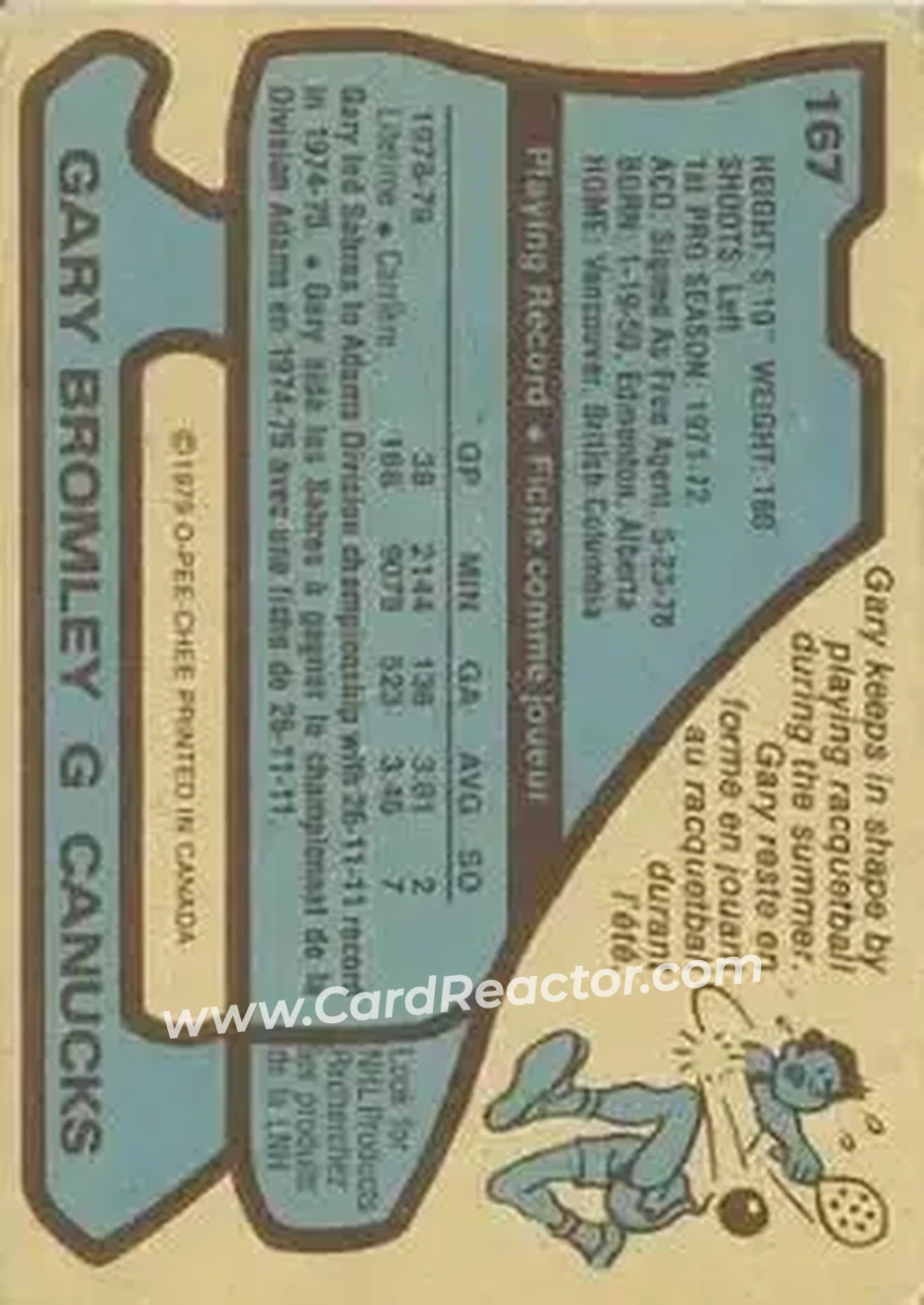 1979-80 O-Pee-Chee #167 - Gary Bromley - Vancouver Canucks - Back 1979-80 O-Pee-Chee #167 - Gary Bromley - Vancouver Canucks - Back