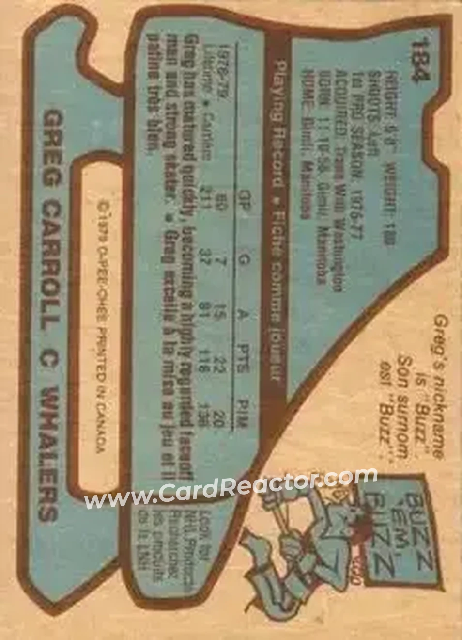1979-80 O-Pee-Chee #184 - Greg Carroll - Hartford Whalers - Back 1979-80 O-Pee-Chee #184 - Greg Carroll - Hartford Whalers - Back