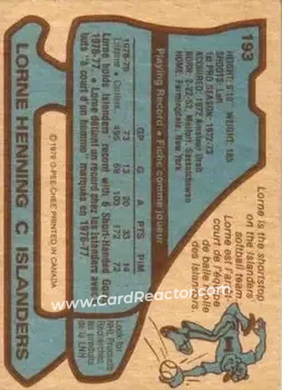 1979-80 O-Pee-Chee #193 - Lorne Henning - New York Islanders - Back