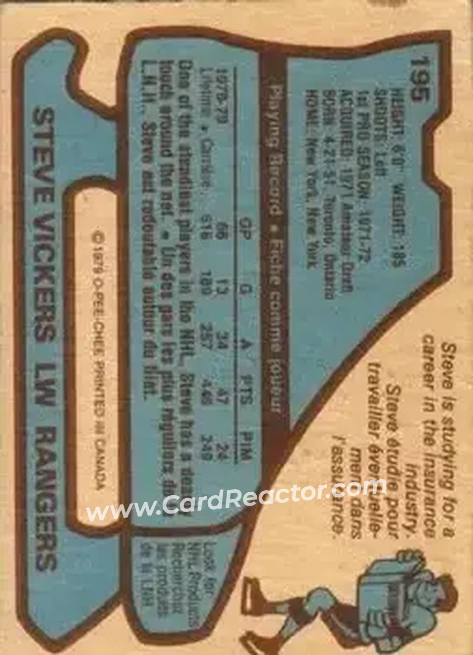 1979-80 O-Pee-Chee #195 - Steve Vickers - New York Rangers - Back