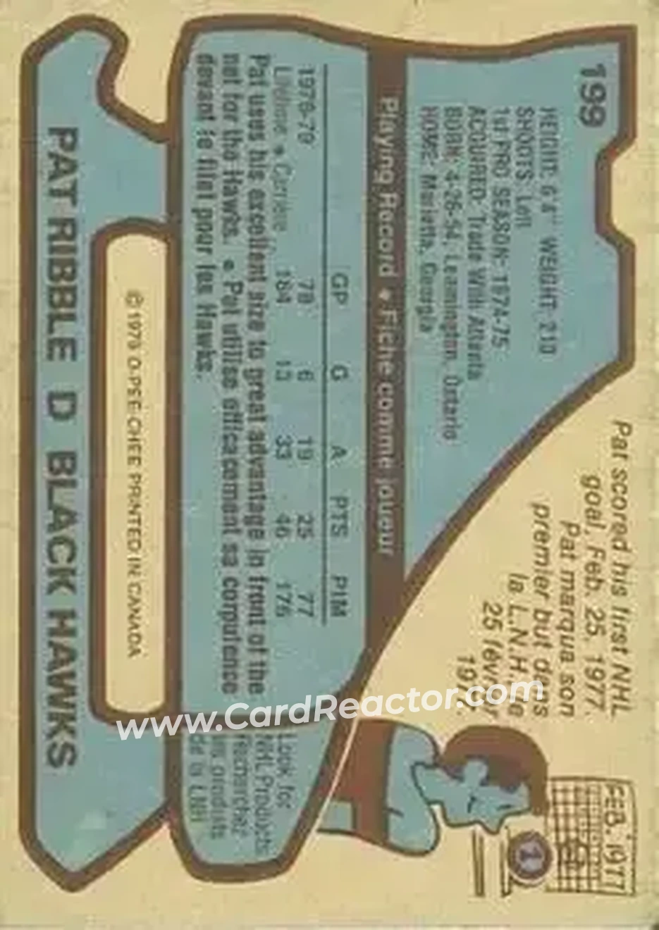1979-80 O-Pee-Chee #199 - Pat Ribble - Chicago Blackhawks - Back