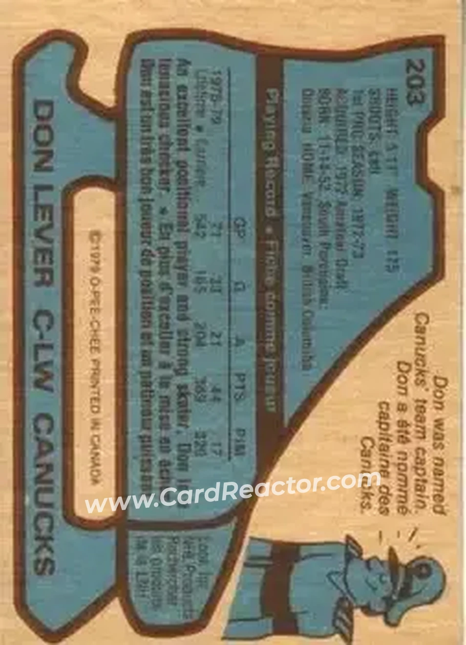1979-80 O-Pee-Chee #203 - Don Lever - Vancouver Canucks - Back