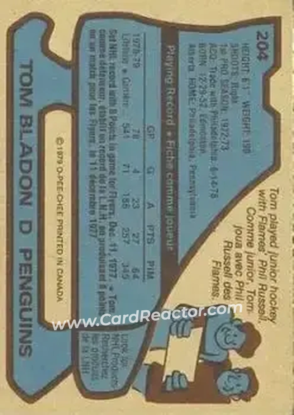 1979-80 O-Pee-Chee #204 - Tom Bladon - Pittsburgh Penguins - Back
