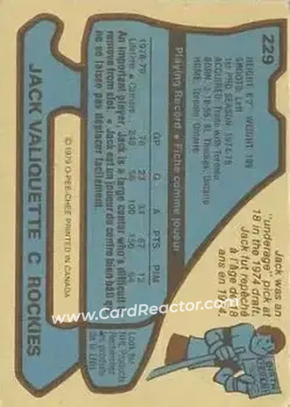 1979-80 O-Pee-Chee #229 - Jack Valiquette - Colorado Rockies - Back