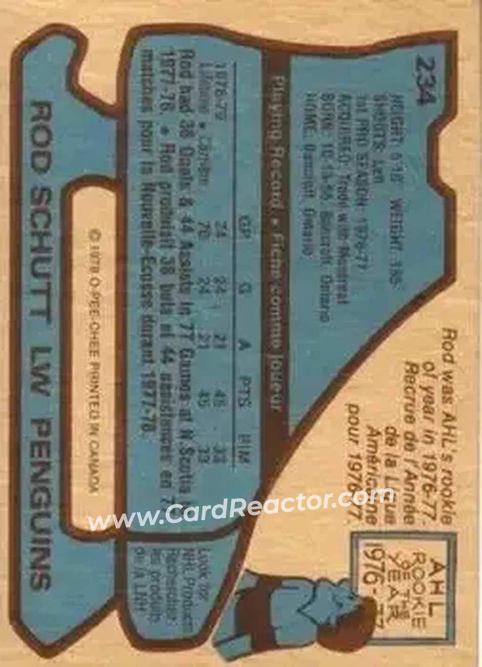 1979-80 O-Pee-Chee #234 - Rod Schutt - Pittsburgh Penguins - Back
