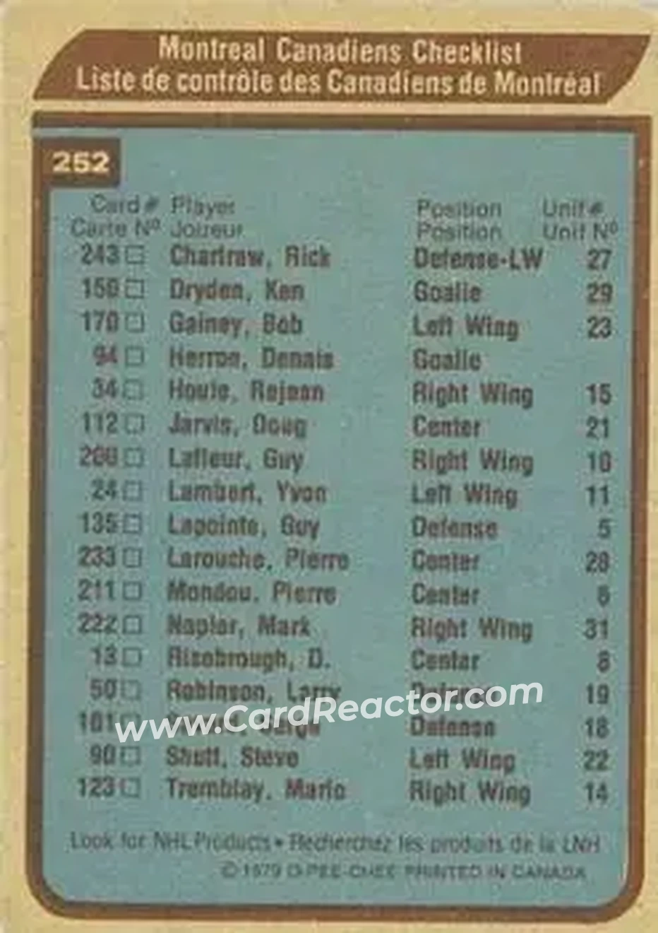 1979-80 O-Pee-Chee #252 - Card #252 - Montreal Canadiens - Back 1979-80 O-Pee-Chee #252 - Card #252 - Montreal Canadiens - Back