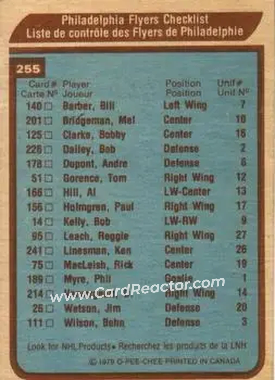 1979-80 O-Pee-Chee #255 - Card #255 - Philadelphia Flyers - Back