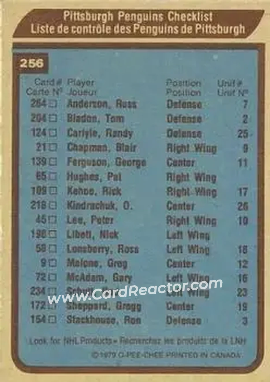 1979-80 O-Pee-Chee #256 - Card #256 - Pittsburgh Penguins - Back