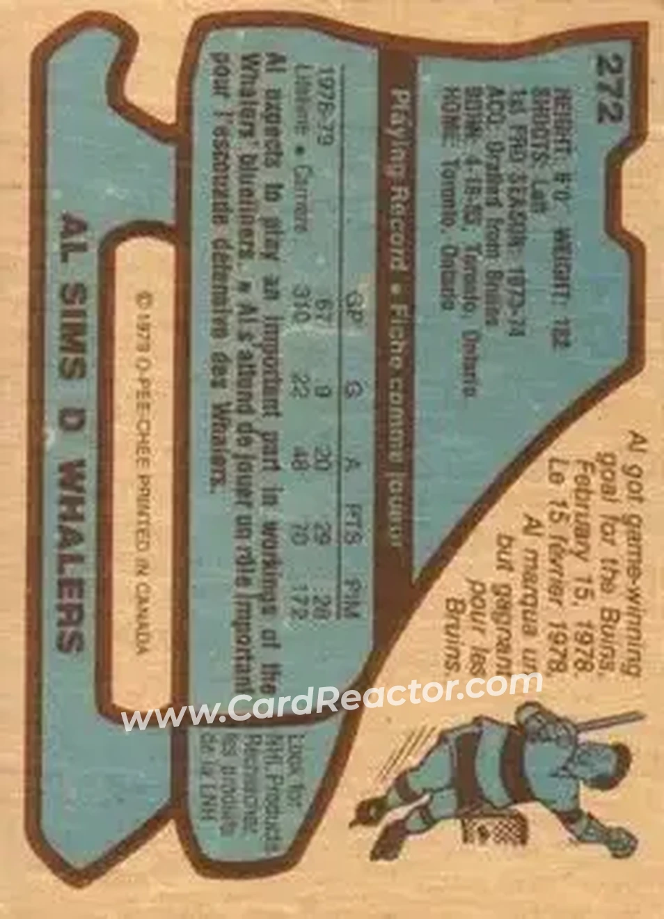 1979-80 O-Pee-Chee #272 - Al Sims - Hartford Whalers - Back