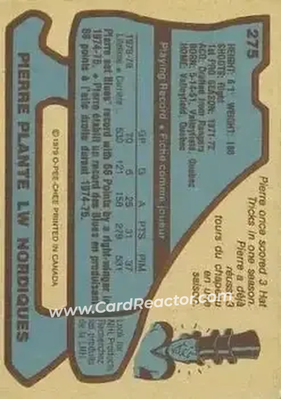 1979-80 O-Pee-Chee #275 - Pierre Plante - Quebec Nordiques - Back
