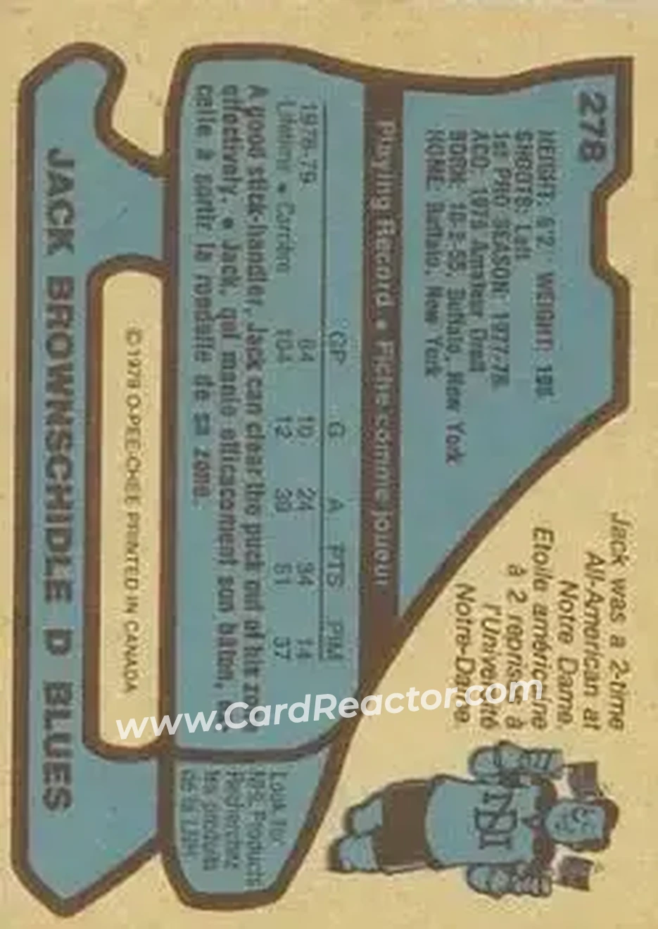 1979-80 O-Pee-Chee #278 - Jack Brownschidle - St. Louis Blues - Back