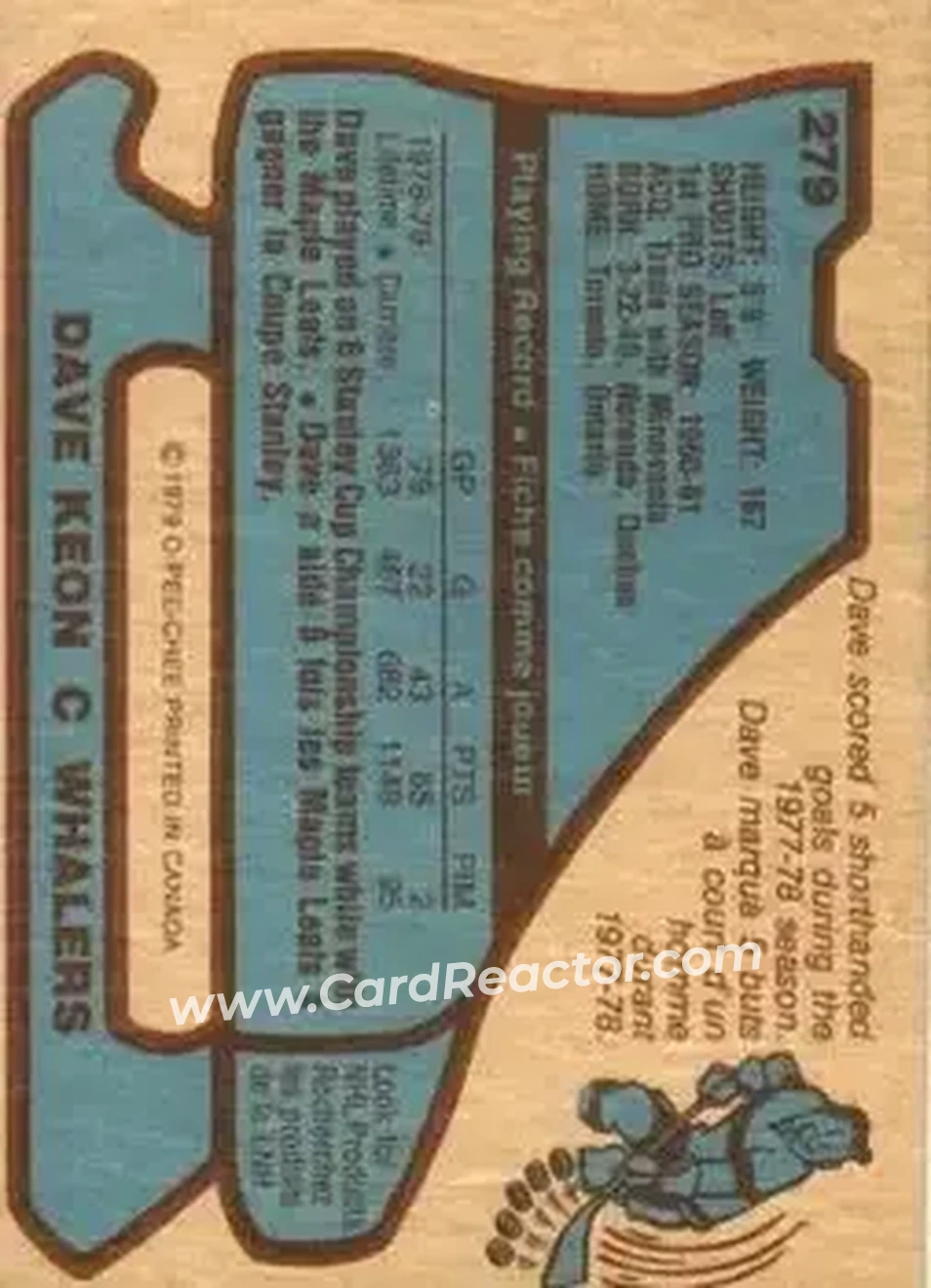 1979-80 O-Pee-Chee #279 - Dave Keon - Hartford Whalers - Back