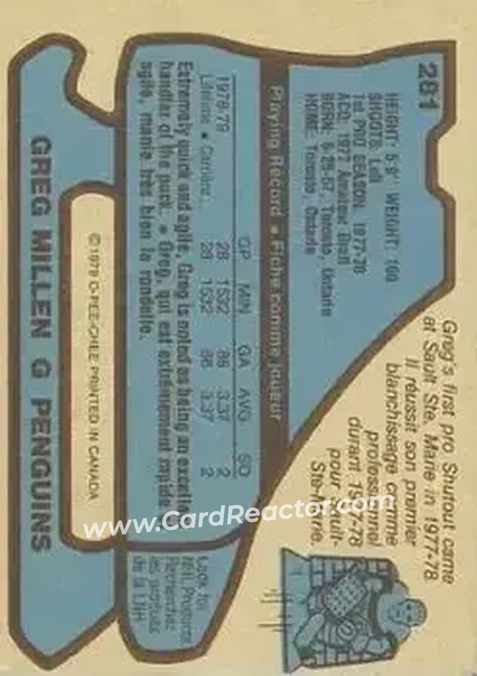 1979-80 O-Pee-Chee #281 - Greg Millen - Pittsburgh Penguins - Back