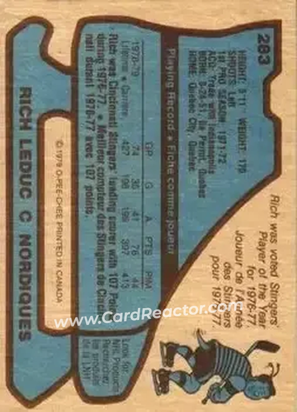 1979-80 O-Pee-Chee #283 - Rich Leduc - Quebec Nordiques - Back