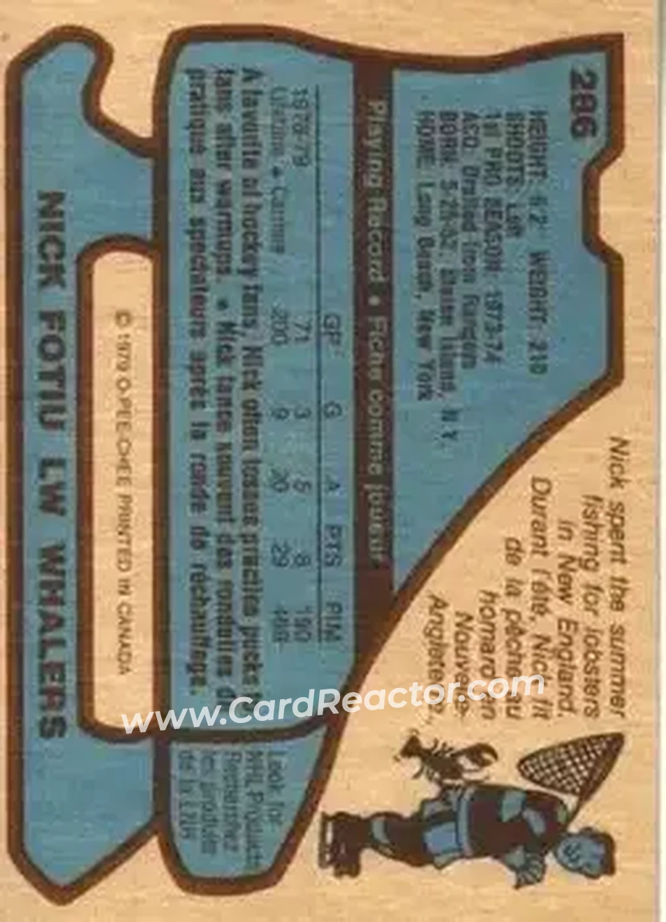 1979-80 O-Pee-Chee #286 - Nick Fotiu - Hartford Whalers - Back