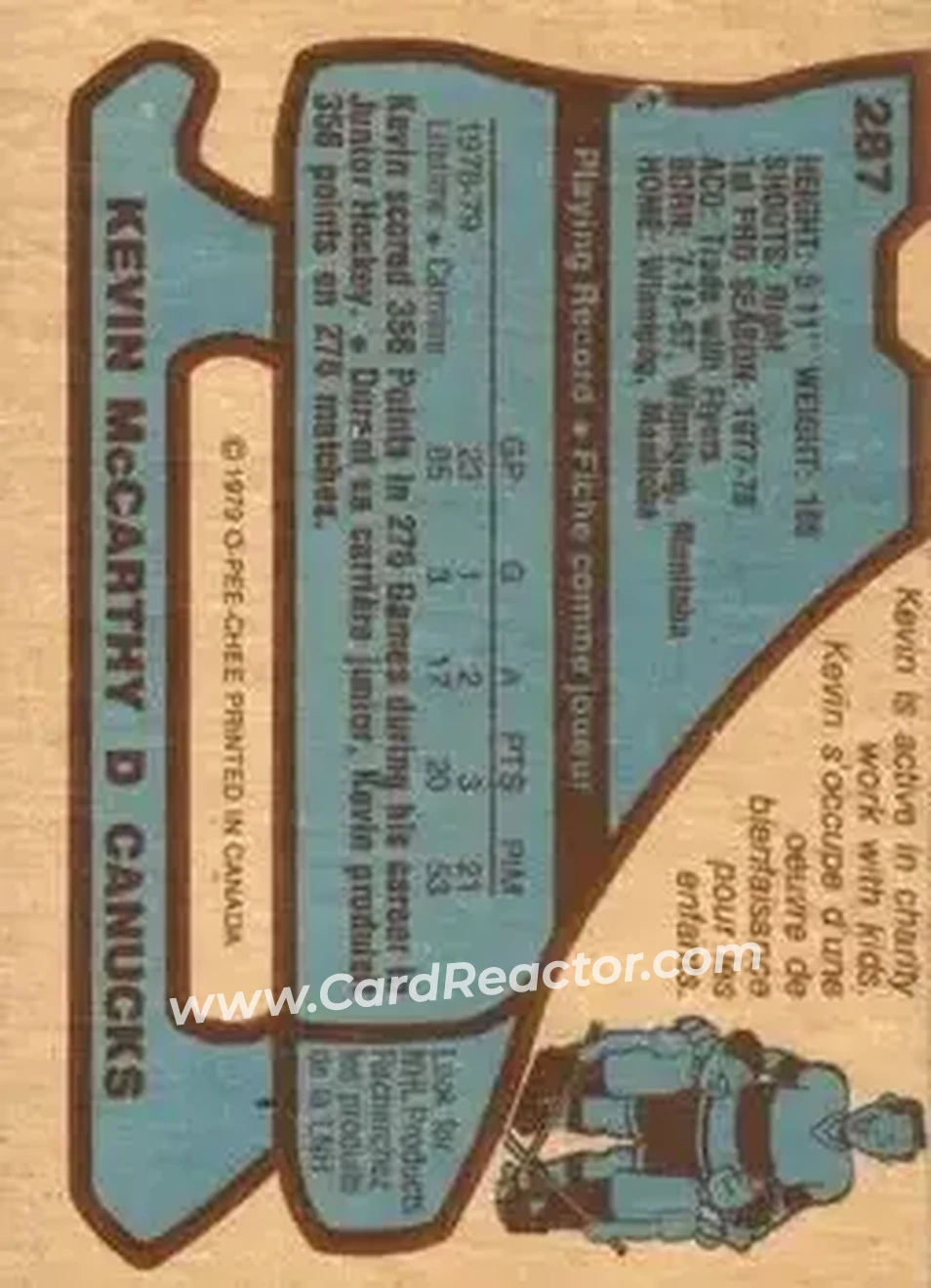 1979-80 O-Pee-Chee #287 - Kevin McCarthy - Vancouver Canucks - Back 1979-80 O-Pee-Chee #287 - Kevin McCarthy - Vancouver Canucks - Back