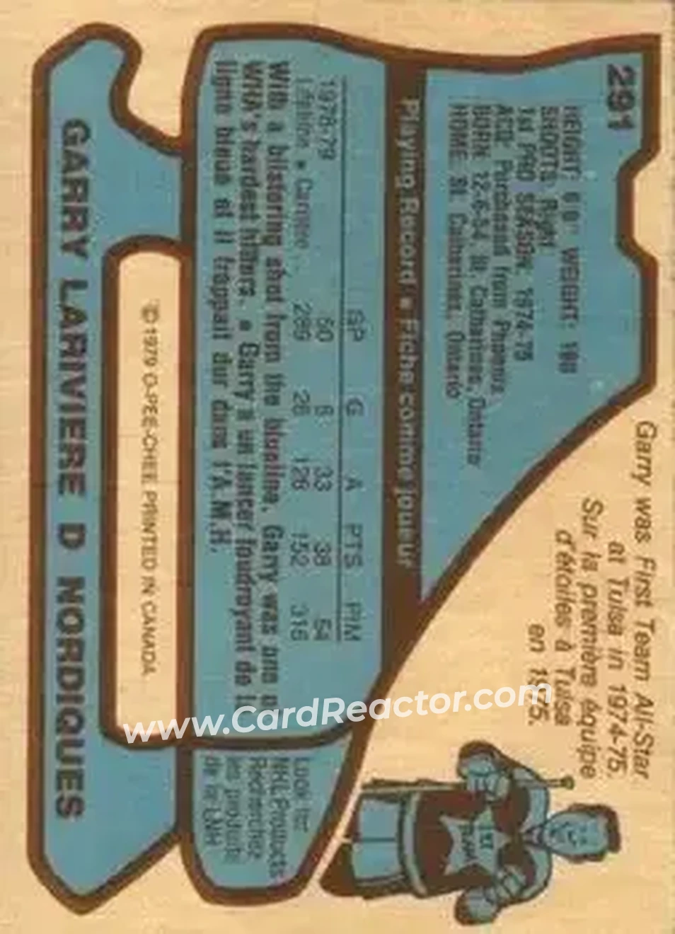 1979-80 O-Pee-Chee #291 - Garry Lariviere - Quebec Nordiques - Back