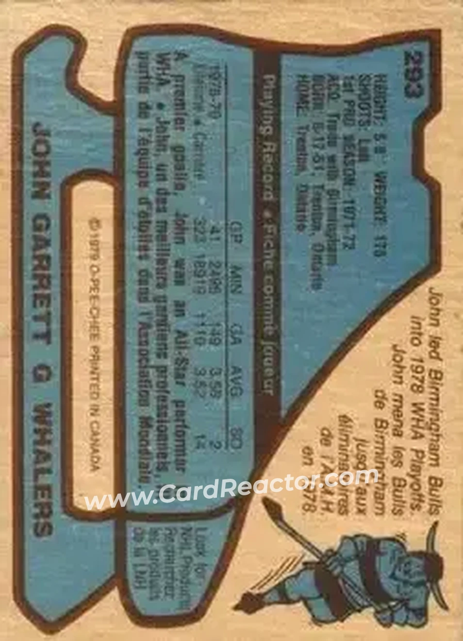 1979-80 O-Pee-Chee #293 - John Garrett - Hartford Whalers - Back