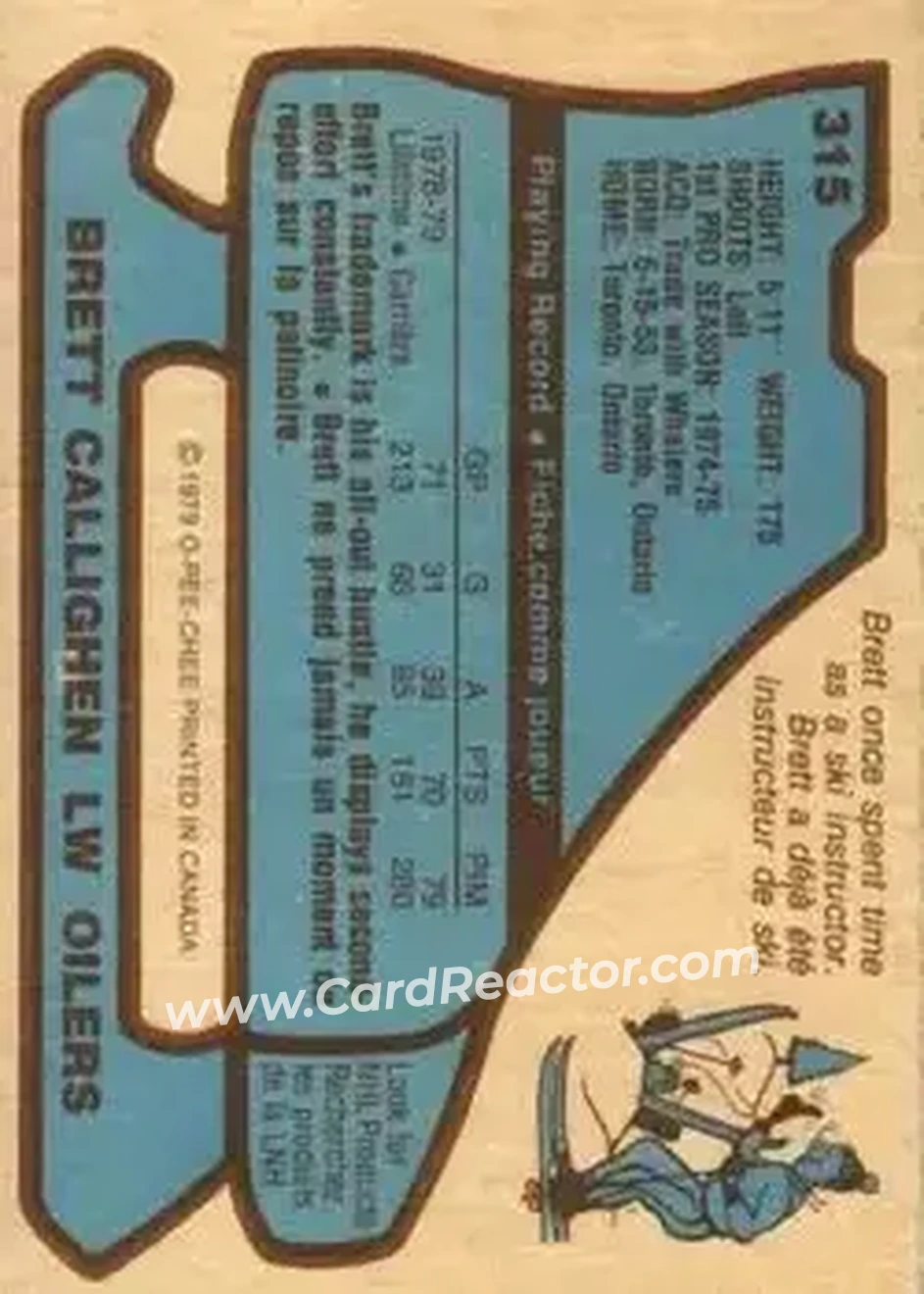 1979-80 O-Pee-Chee #315 - Brett Callighen - Edmonton Oilers - Back