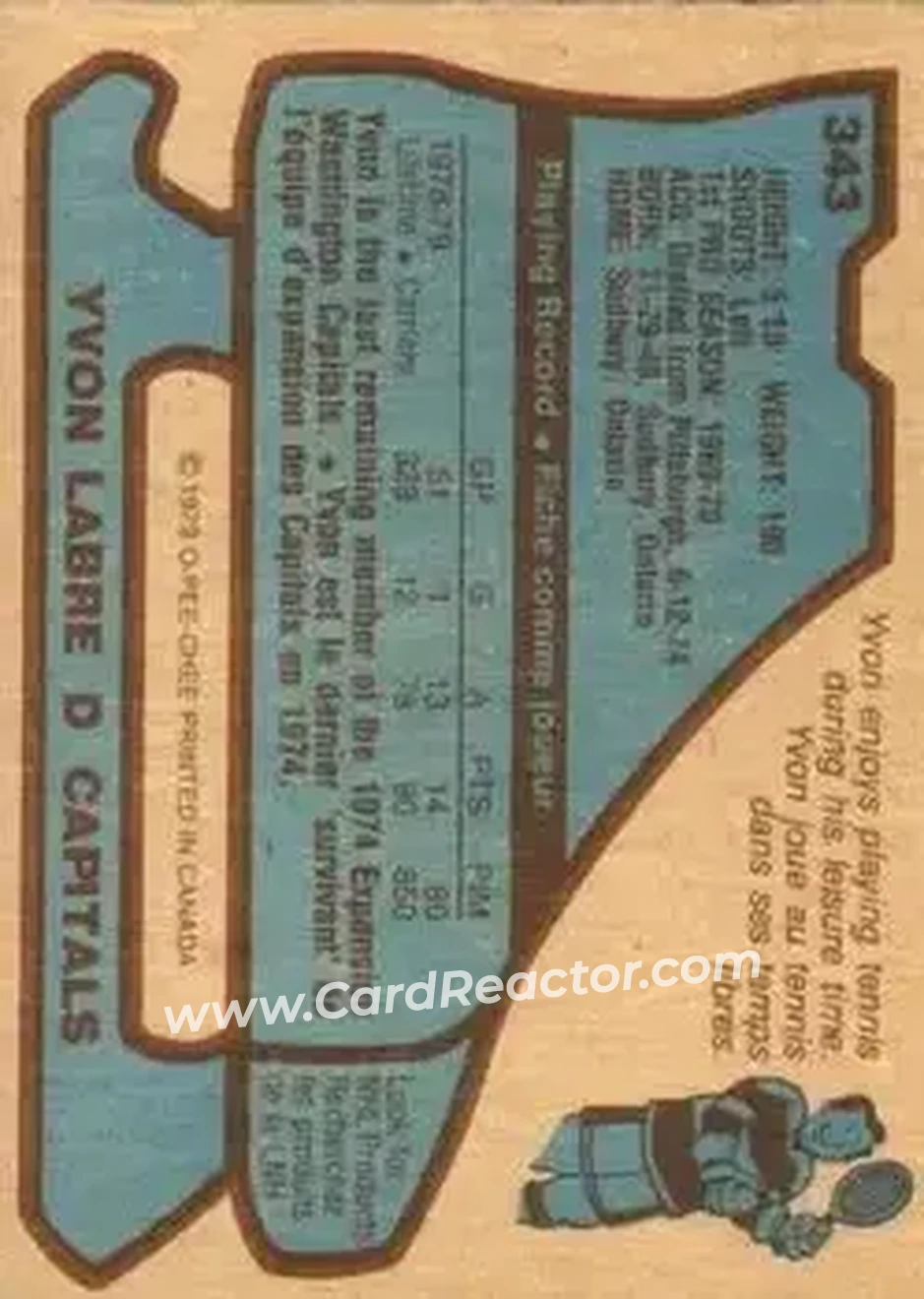1979-80 O-Pee-Chee #343 - Yvon Labre - Washington Capitals - Back
