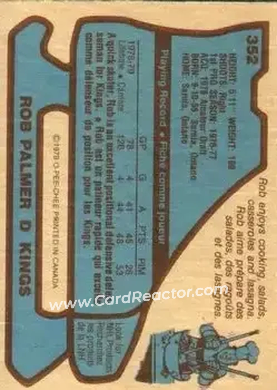 1979-80 O-Pee-Chee #352 - Rob Palmer - Los Angeles Kings - Back