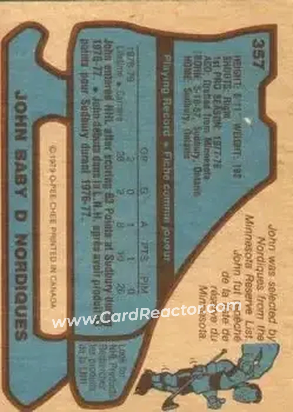1979-80 O-Pee-Chee #357 - John Baby - Quebec Nordiques - Back