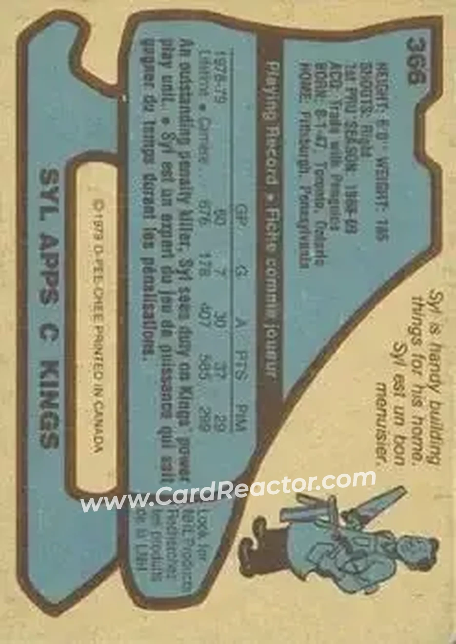1979-80 O-Pee-Chee #366 - Syl Apps - Los Angeles Kings - Back