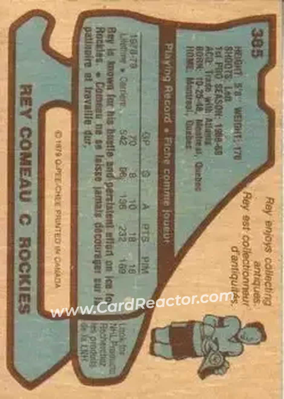 1979-80 O-Pee-Chee #385 - Reynald Comeau - Colorado Rockies - Back
