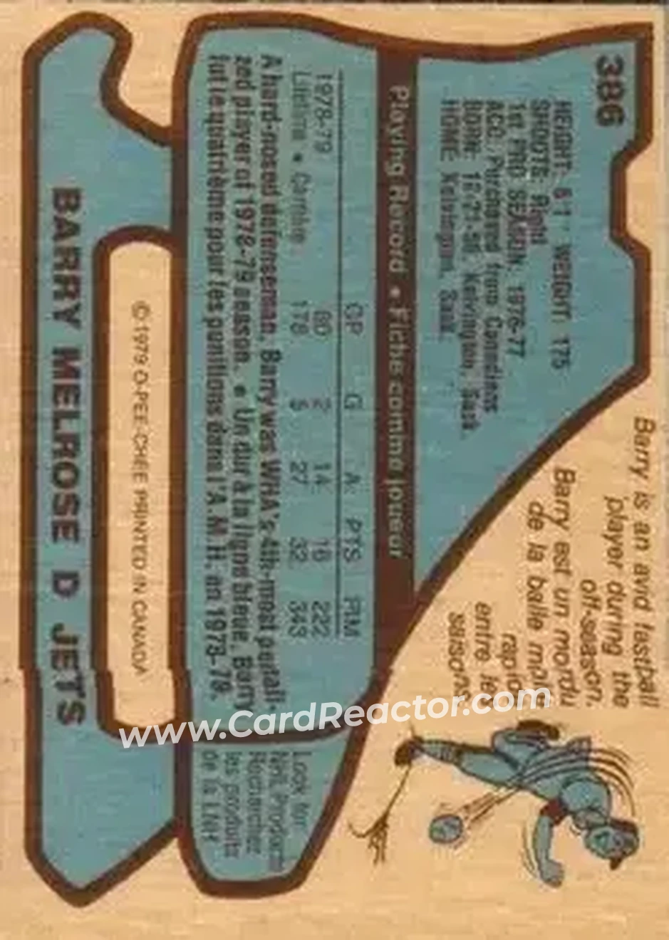 1979-80 O-Pee-Chee #386 - Barry Melrose - Winnipeg Jets - Back