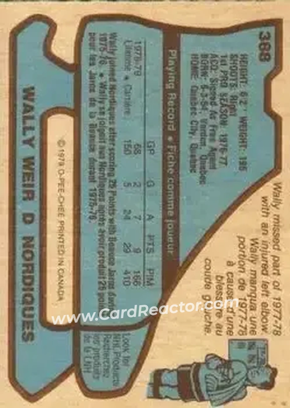 1979-80 O-Pee-Chee #388 - Wally Weir - Quebec Nordiques - Back