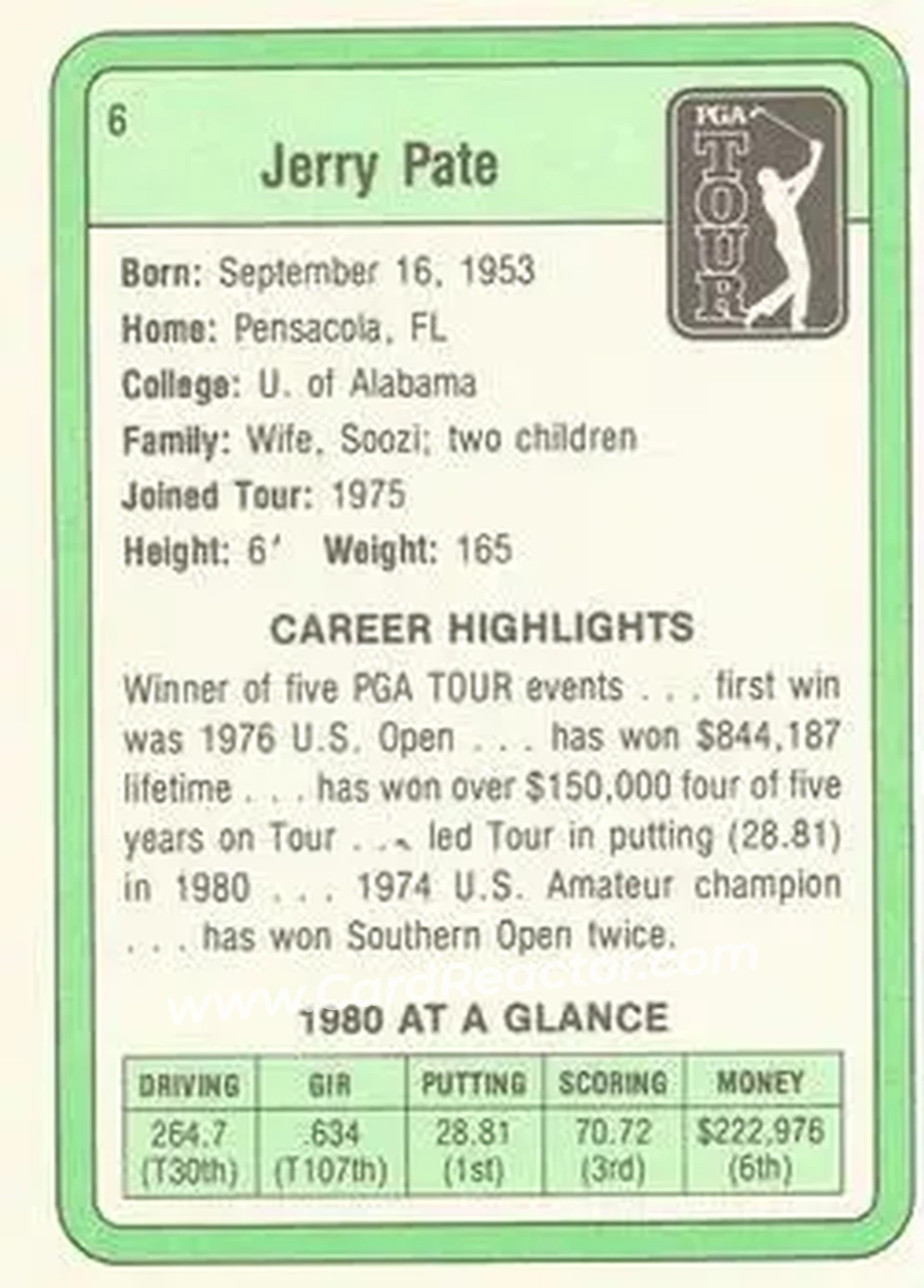 1981 Donruss #6 - Jerry Pate - Back 1981 Donruss #6 - Jerry Pate - Back