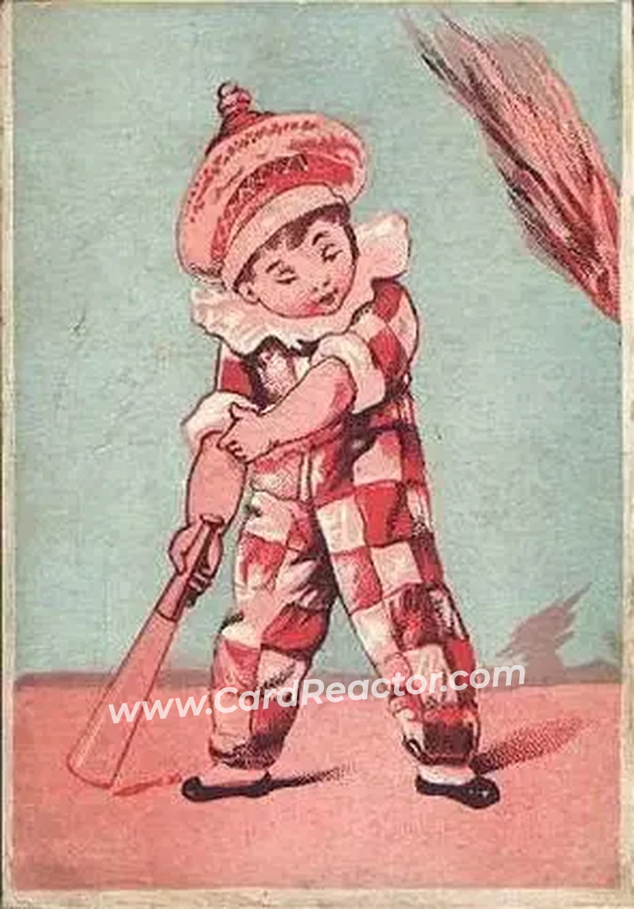1880 Pink and Blue Series Baseball Comics (H804-34) #NNO - Boy, erect with bat, rolling up sleeves - Front 1880 Pink and Blue Series Baseball Comics (H804-34) #NNO - Boy, erect with bat, rolling up sleeves - Front