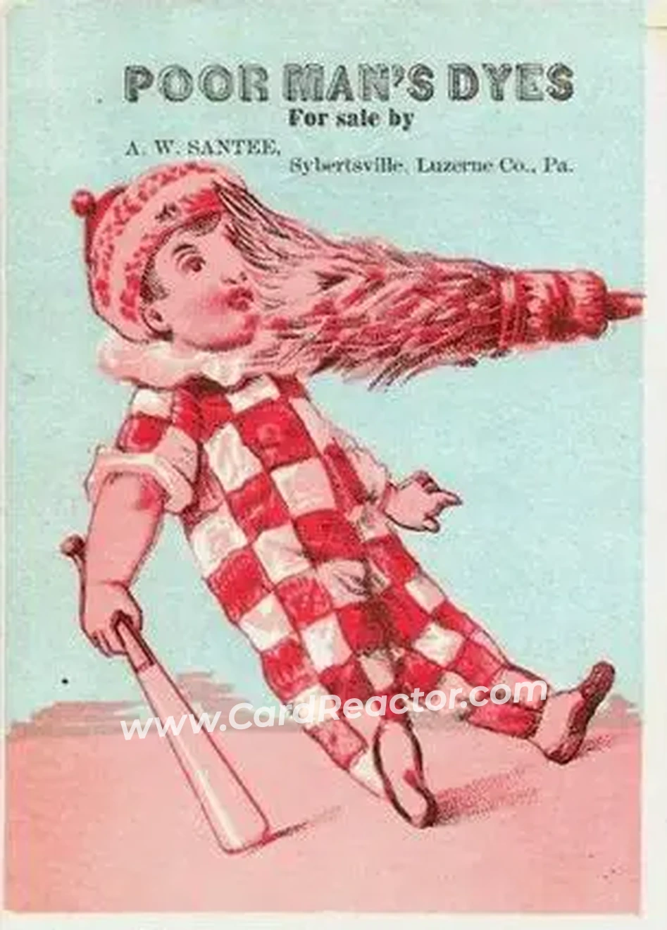 1880 Pink and Blue Series Baseball Comics (H804-34) #NNO - bat, falling backward, broom hitting face - Front 1880 Pink and Blue Series Baseball Comics (H804-34) #NNO - bat, falling backward, broom hitting face - Front