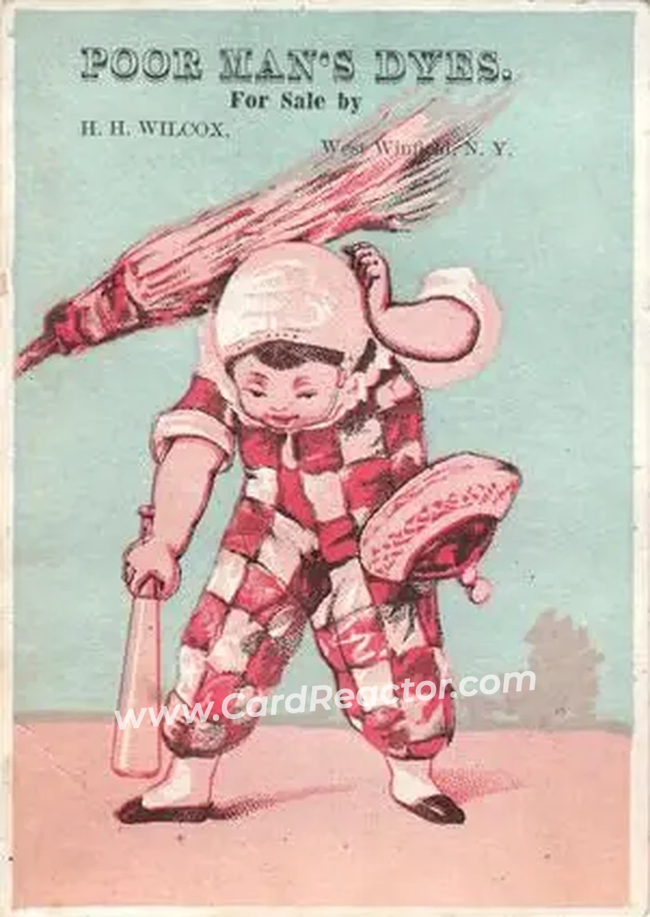 1880 Pink and Blue Series Baseball Comics (H804-34) #NNO - bat, leaning forward, hat falling off, broom from rear hits boy on head - Front