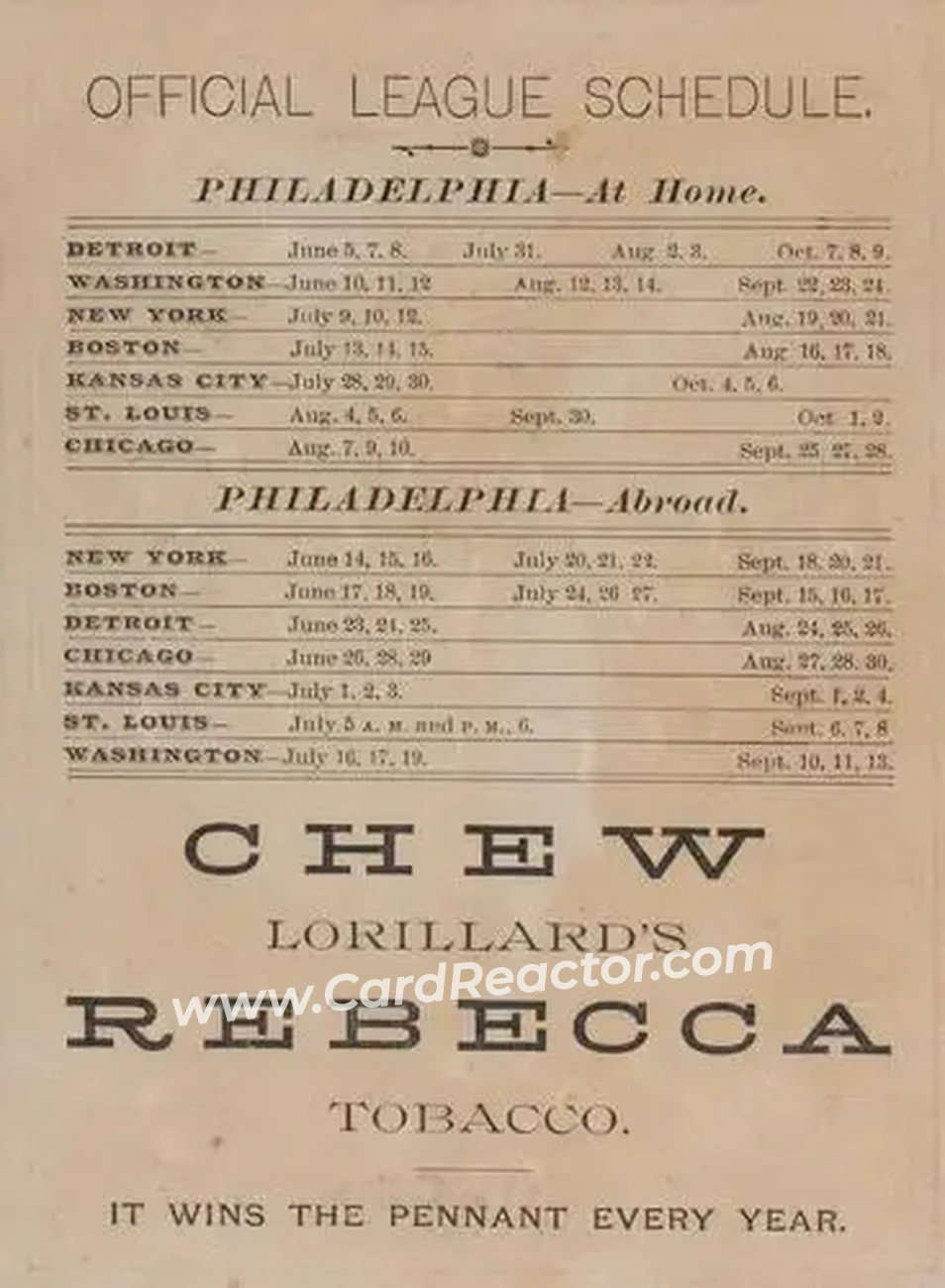 1886 Lorillard's Plug Tobacco Team #NNO - Card #NNO - Philadelphia Quakers - Back