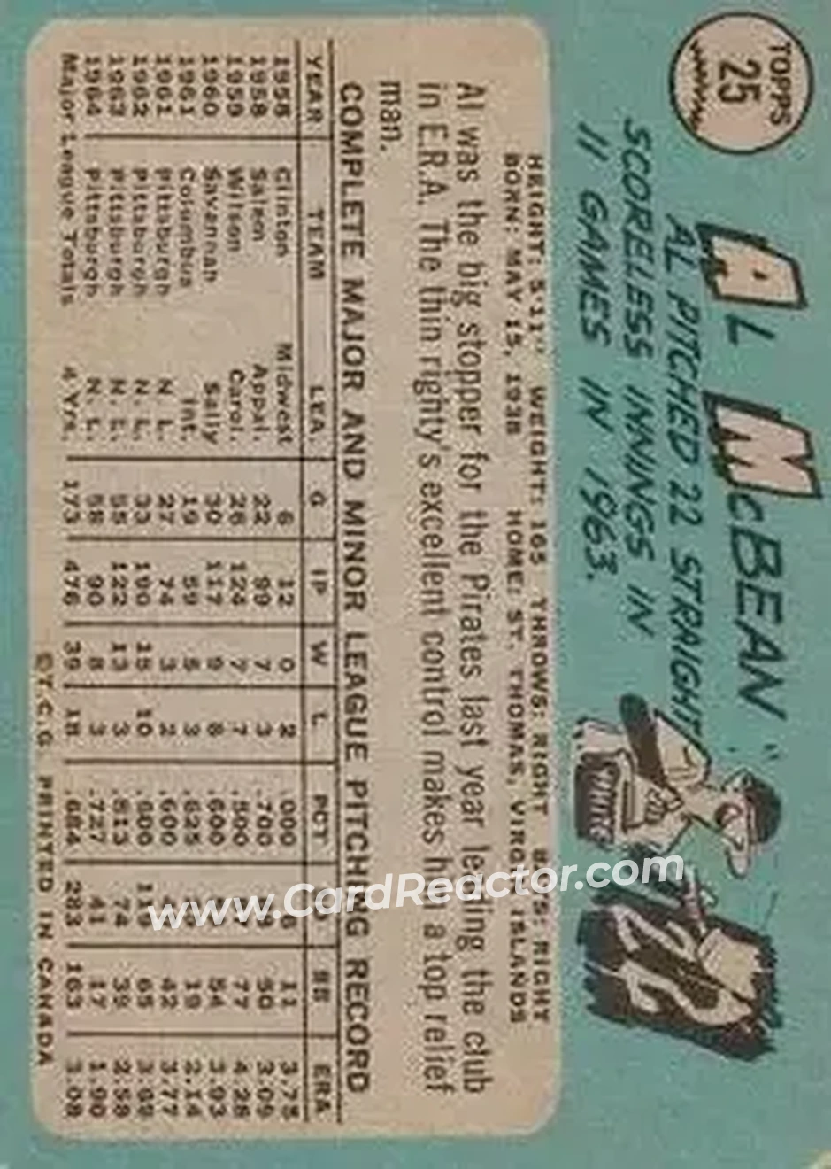 1965 O-Pee-Chee #25 - Al McBean - Pittsburgh Pirates - Back
