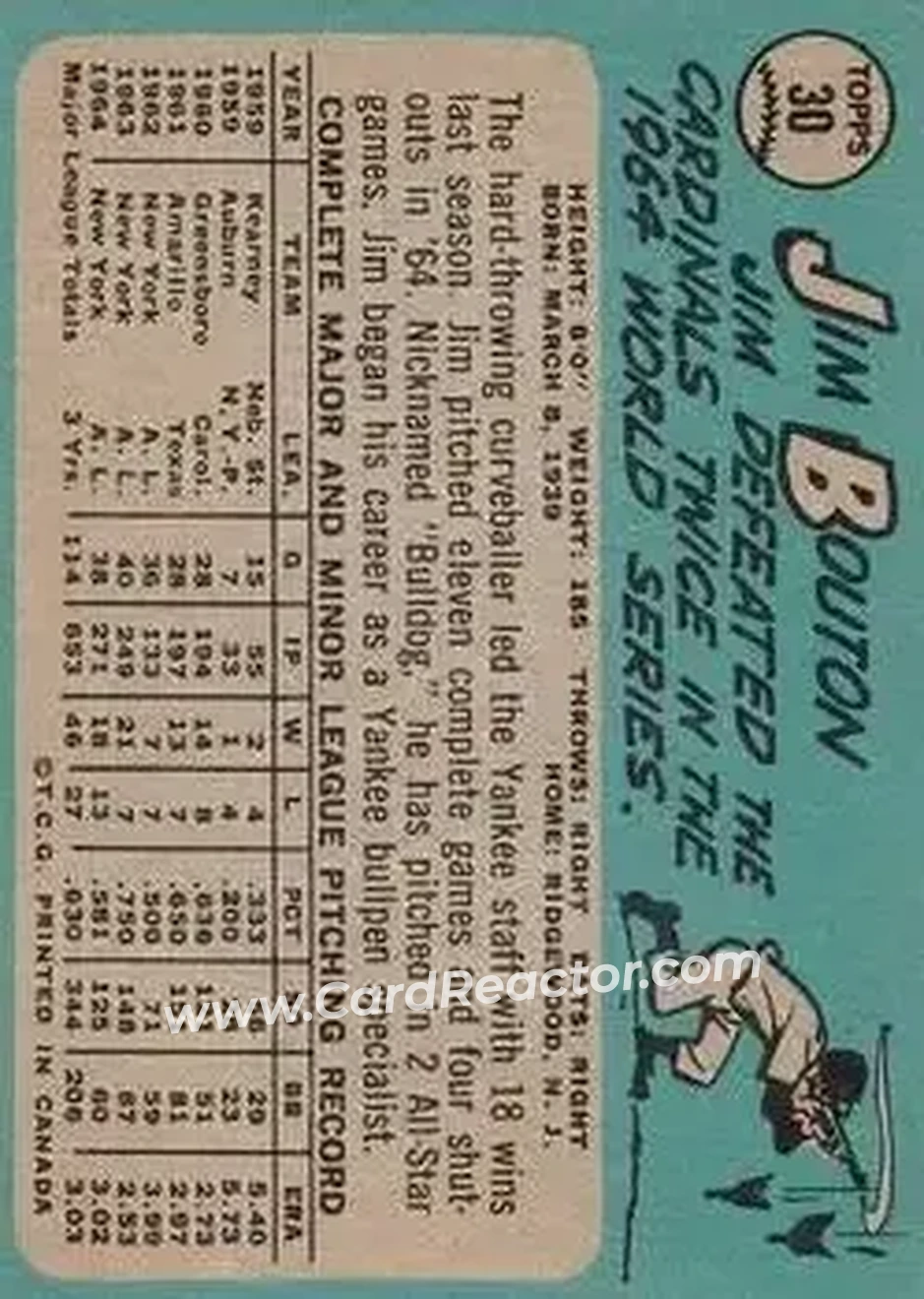 1965 O-Pee-Chee #30 - Jim Bouton - New York Yankees - Back