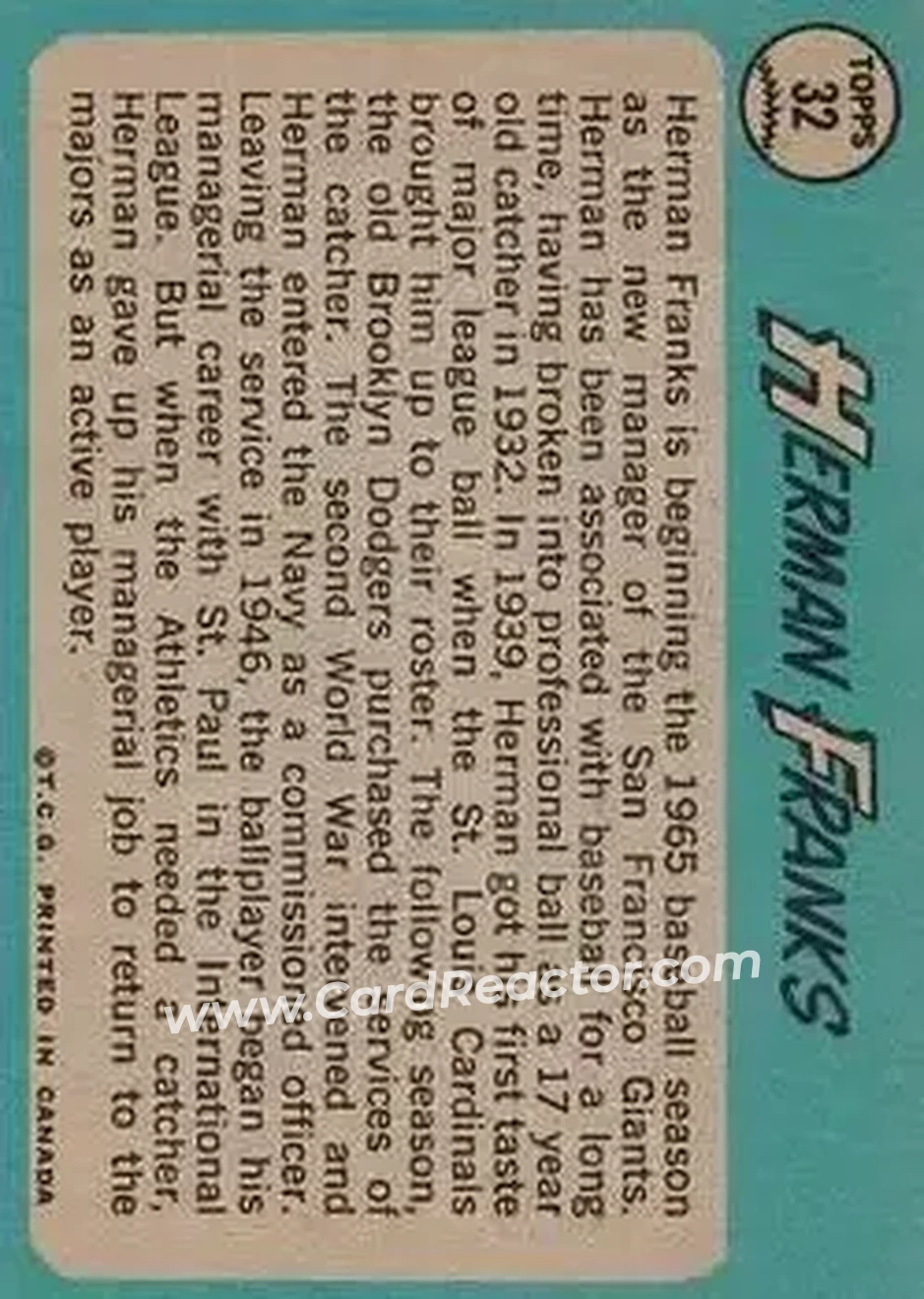 1965 O-Pee-Chee #32 - Herman Franks - San Francisco Giants - Back